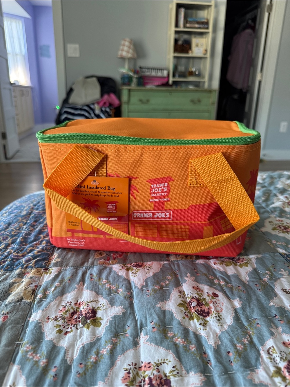 NWT Trader Joe's Orange Insulated Lunch Tote with Green Trim